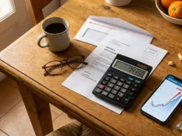Mesa de cocina española con carta del banco, calculadora y gráfico del euríbor al alza