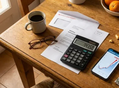 Mesa de cocina española con carta del banco, calculadora y gráfico del euríbor al alza