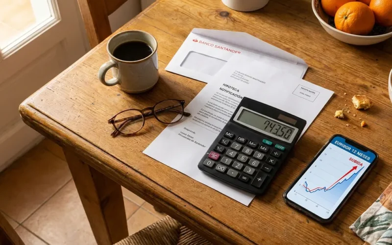 Mesa de cocina española con carta del banco, calculadora y gráfico del euríbor al alza