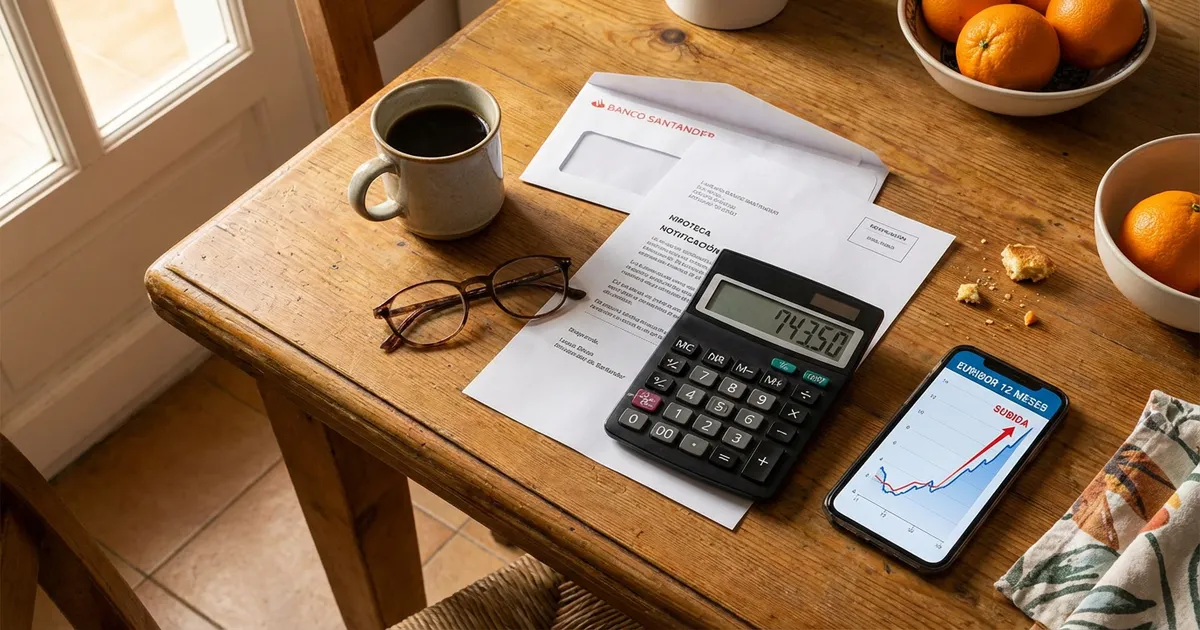 Mesa de cocina española con carta del banco, calculadora y gráfico del euríbor al alza